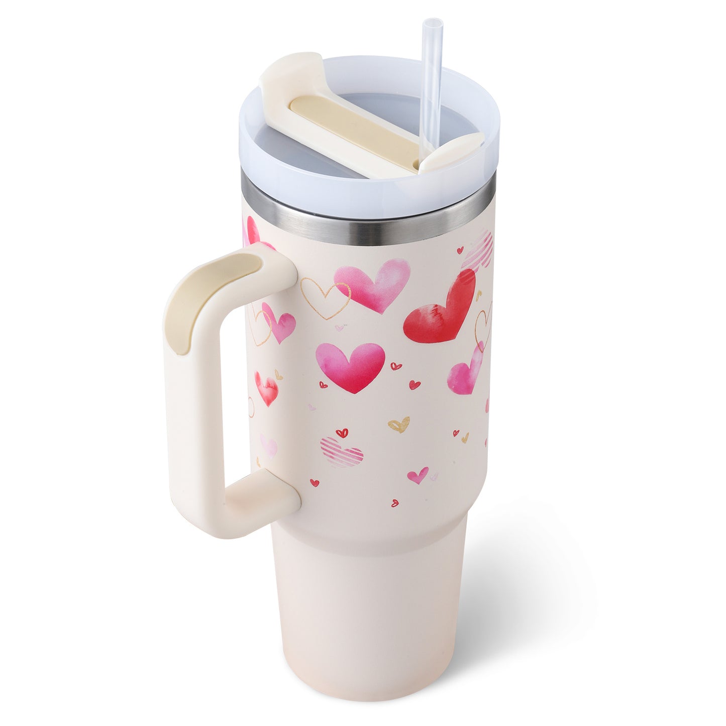 Stainless Steel Spill Proof Vacuum Coffee Cup 40 Oz Tumbler With Handle Straw Insulated, Tumbler With Lid Tapered Mug Gifts For Valentine Lover Suitable For Car Gym Office Travel