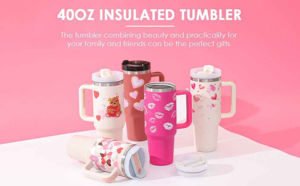 Stainless Steel Spill Proof Vacuum Coffee Cup 40 Oz Tumbler With Handle Straw Insulated, Tumbler With Lid Tapered Mug Gifts For Valentine Lover Suitable For Car Gym Office Travel