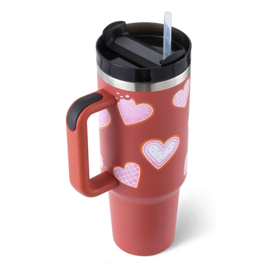 Stainless Steel Spill Proof Vacuum Coffee Cup 40 Oz Tumbler With Handle Straw Insulated, Tumbler With Lid Tapered Mug Gifts For Valentine Lover Suitable For Car Gym Office Travel