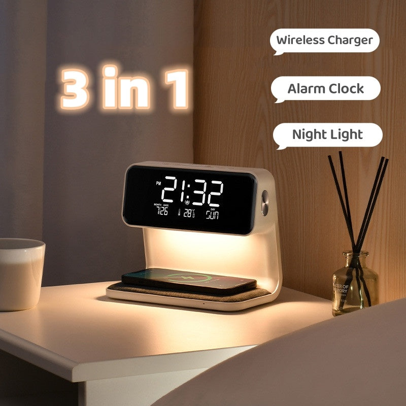 Wireless Phone Charger & Alarm Clock 3 In 1 Bedside Lamp Wireless Charging LCD Screen