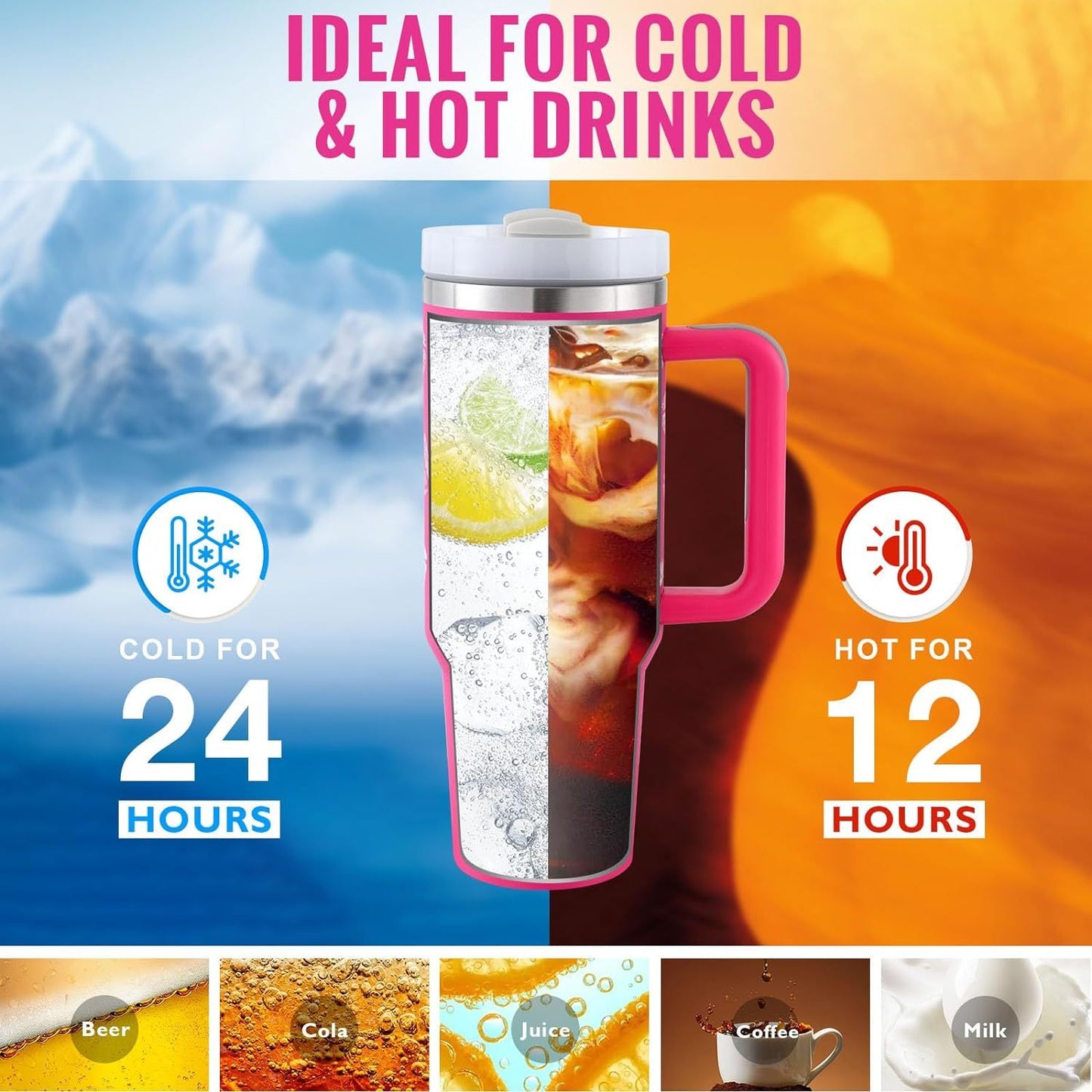 Stainless Steel Spill Proof Vacuum Coffee Cup 40 Oz Tumbler With Handle Straw Insulated, Tumbler With Lid Tapered Mug Gifts For Valentine Lover Suitable For Car Gym Office Travel