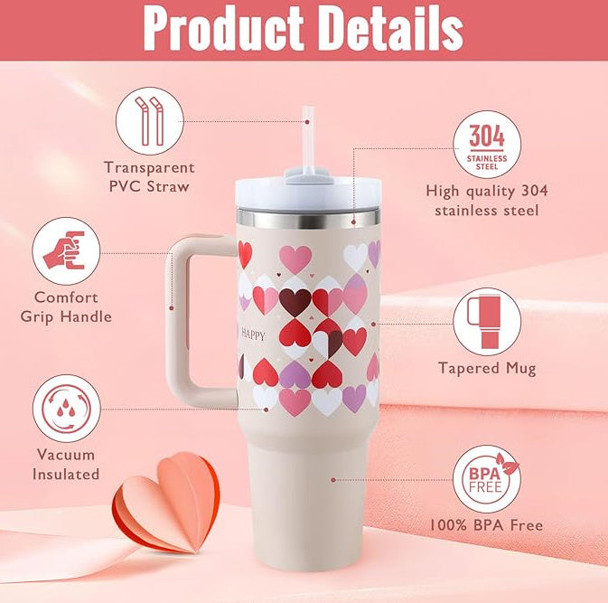 Stainless Steel Spill Proof Vacuum Coffee Cup 40 Oz Tumbler With Handle Straw Insulated, Tumbler With Lid Tapered Mug Gifts For Valentine Lover Suitable For Car Gym Office Travel