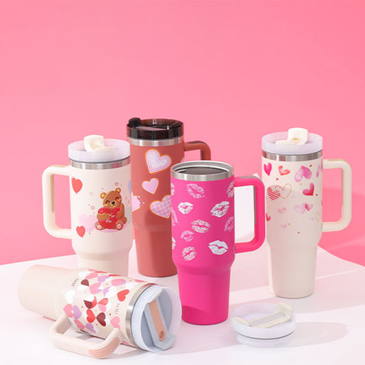 Stainless Steel Spill Proof Vacuum Coffee Cup 40 Oz Tumbler With Handle Straw Insulated, Tumbler With Lid Tapered Mug Gifts For Valentine Lover Suitable For Car Gym Office Travel
